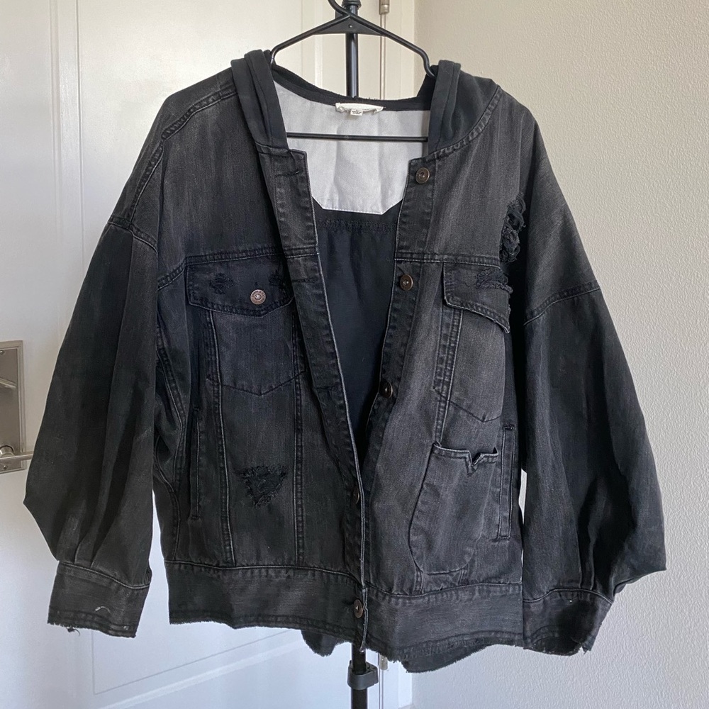 Oversized ripped denim jacket size Large with hoodie